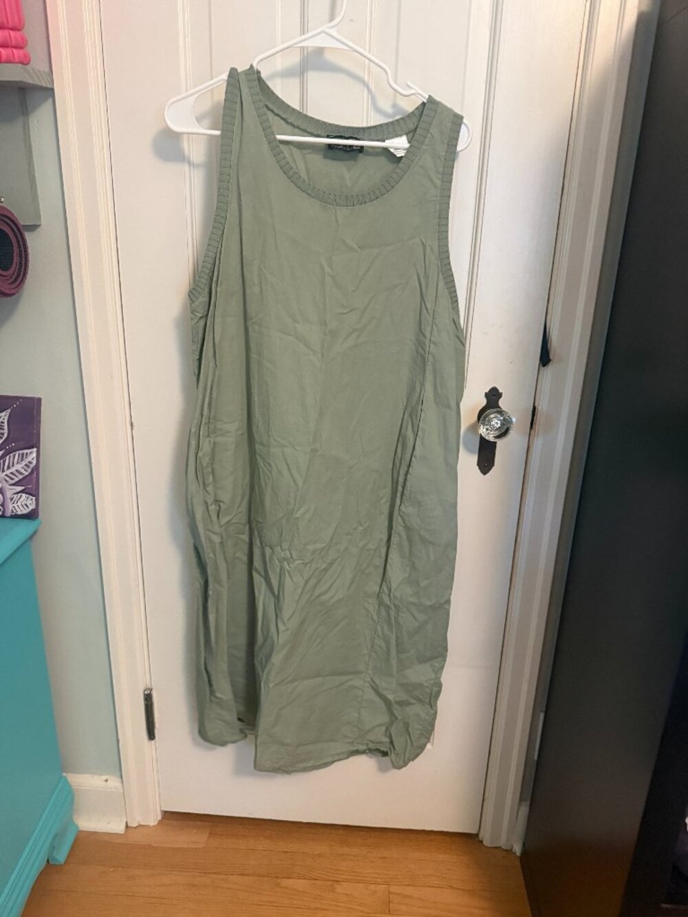 Eternelle Italy Cotton Shift Dress L/XL | Olive Green Sleeveless Pocket Midi